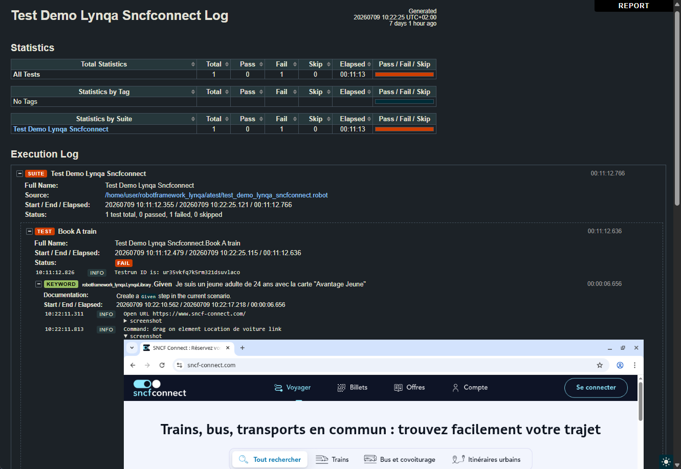 The Lynqa evidence embedded in the Robot Framework log